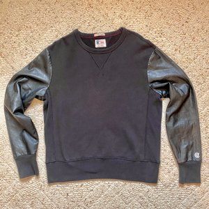 Todd Snyder Champion - Black Crew Sweatshirt w/ Vegan Leather Sleeves, Medium